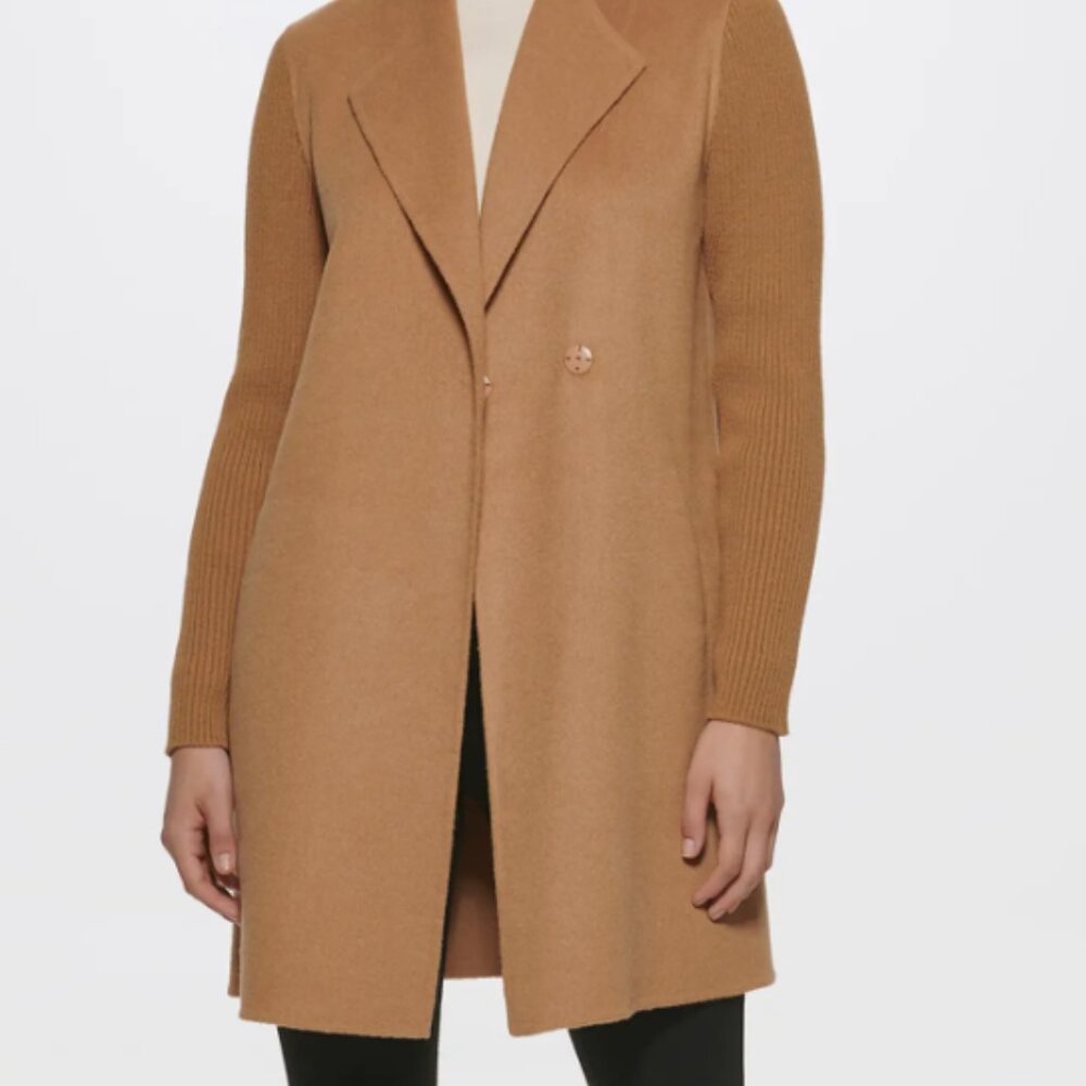 Kenneth Cole Ribbed Sleeve Wool Blend Coat